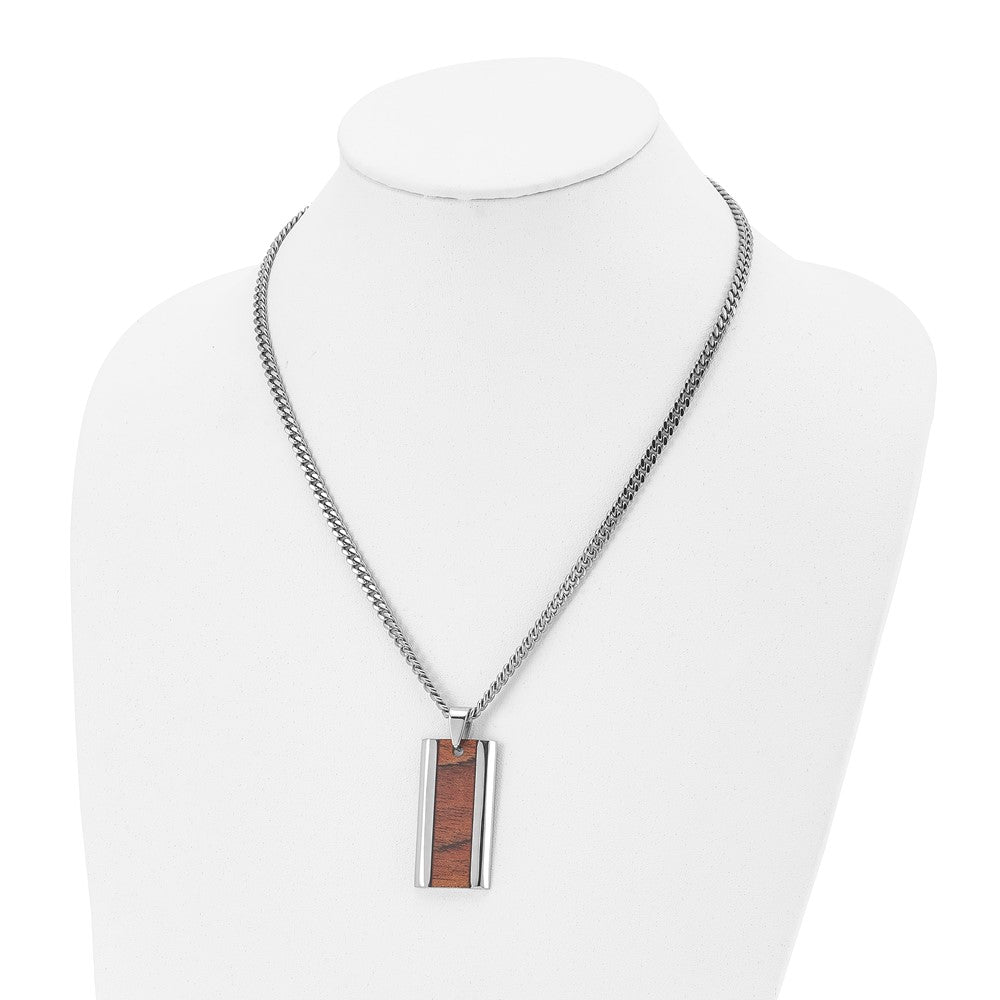 Stainless Steel Chisel Polished Koa Wood Inlay Enameled Pendant On A 20 Inch Curb Chain Necklace