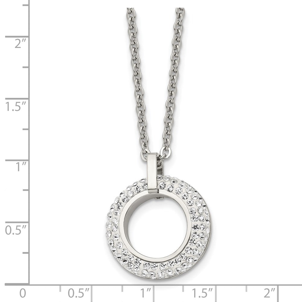 Stainless Steel Chisel Polished White Enameled With Crystals Open Circle Pendant On An 18 Inch Cable Chain Necklace