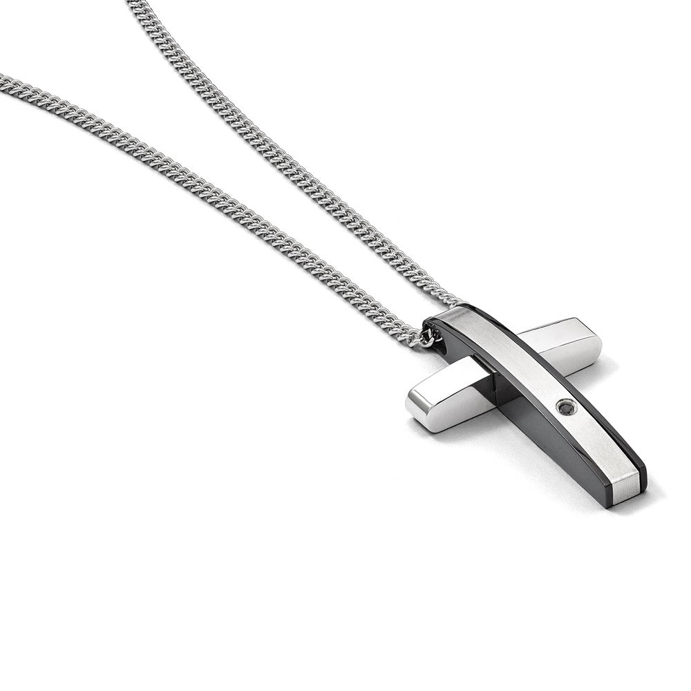 Stainless Steel Chisel Polished Black Ip-Plated .01 Carat Diamond Cross Pendant On A 24 Inch Curb Chain Necklace