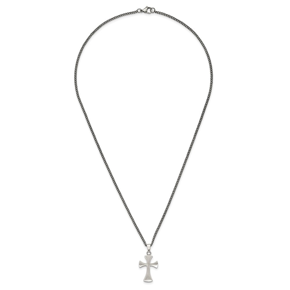Stainless Steel Chisel Brushed Cross Pendant On A 22 Inch Curb Chain Necklace