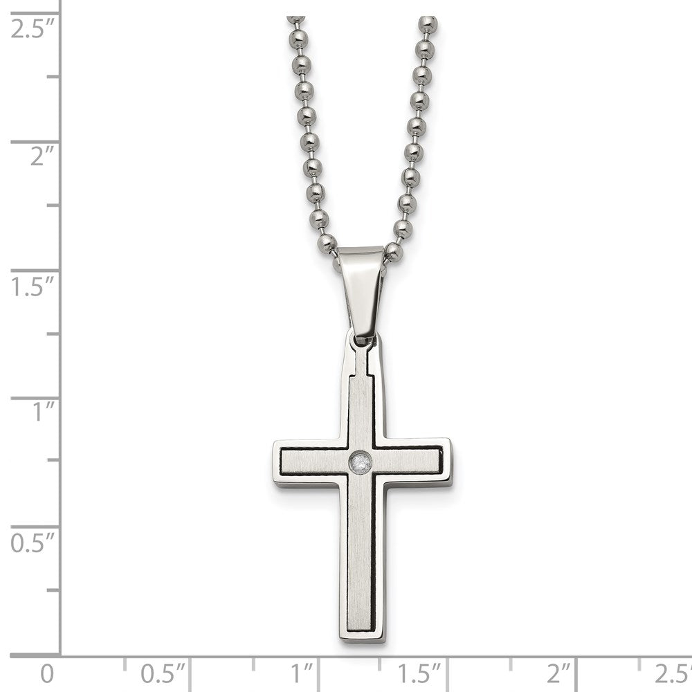 Stainless Steel Chisel Brushed And Polished .03 Carat Diamond Cross Pendant On A 22 Inch Ball Chain Necklace