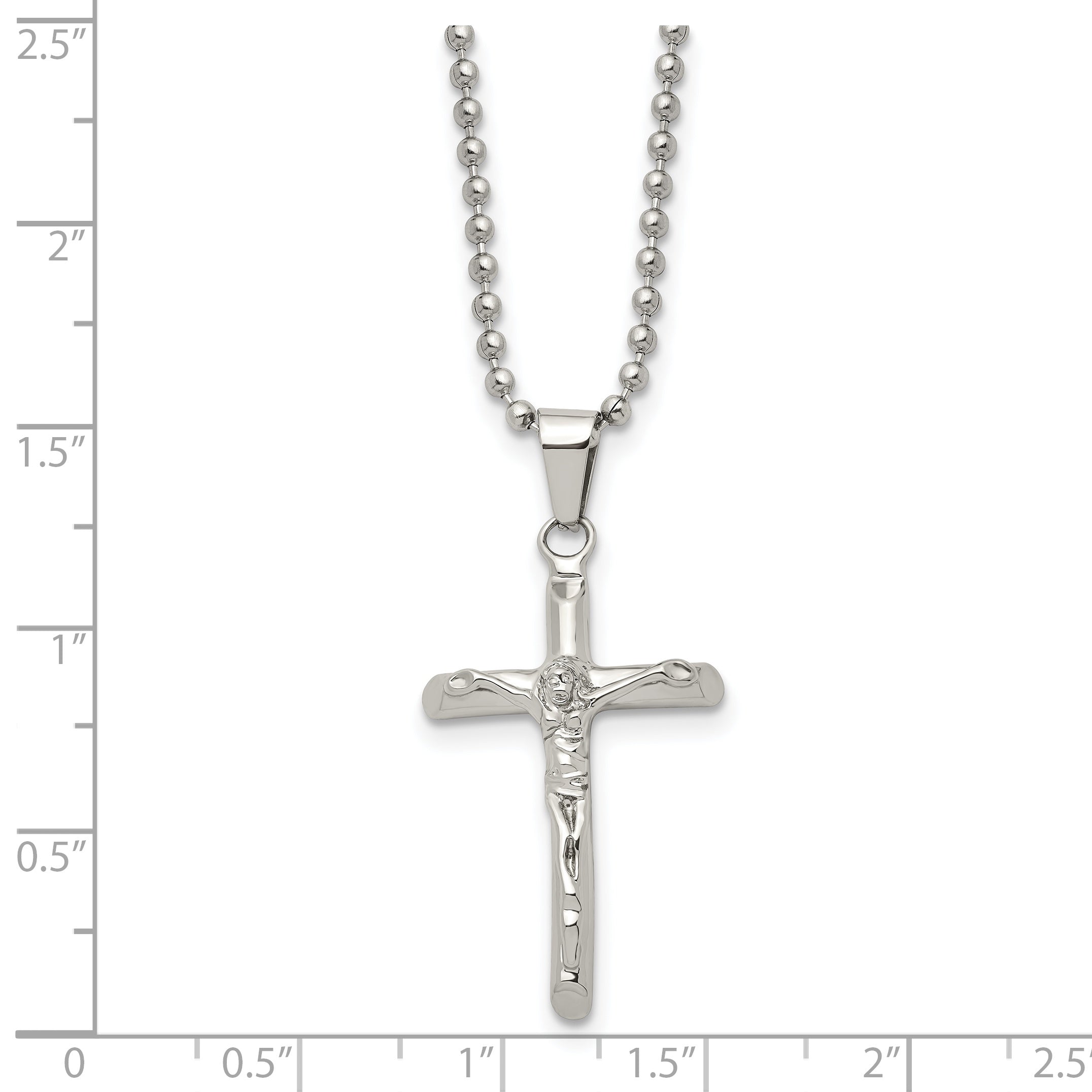 Stainless Steel Chisel Polished Crucifix Pendant On A 20 Inch Ball Chain Necklace