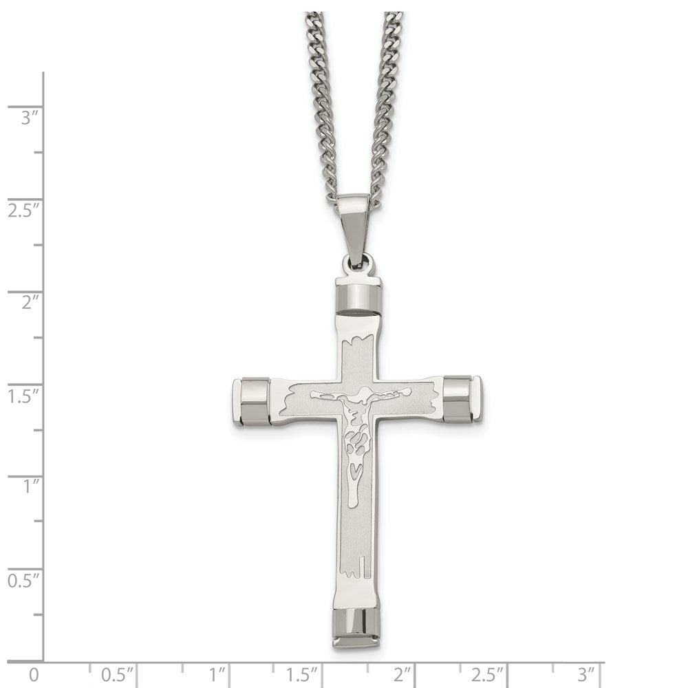 Stainless Steel Chisel Brushed And Polished Crucifix Pendant On A 22 Inch Curb Chain Necklace