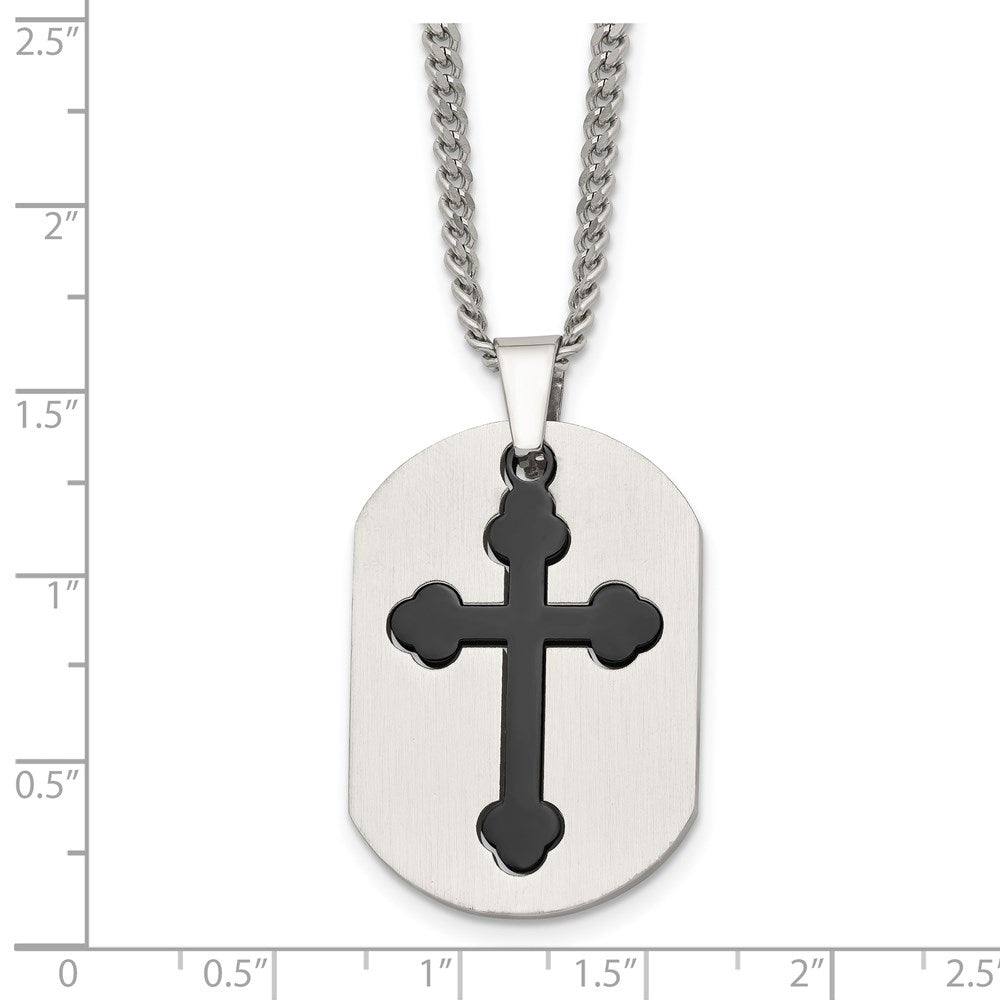 Stainless Steel Chisel Brushed And Polished Black Ip-Plated 2 Piece Cross Dog Tag On A 22 Inch Curb Chain Necklace