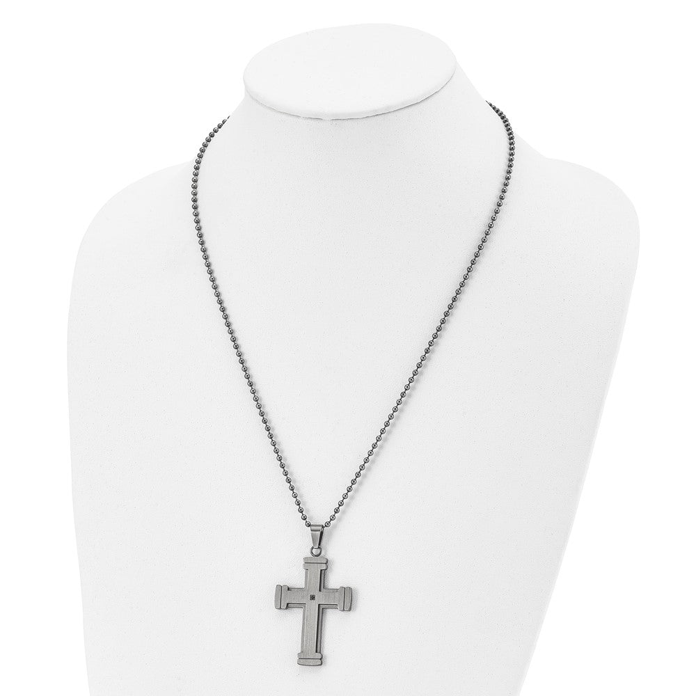 Stainless Steel Chisel Antiqued Brushed And Polished With Black Cz Cross Pendant On A 22 Inch Ball Chain Necklace