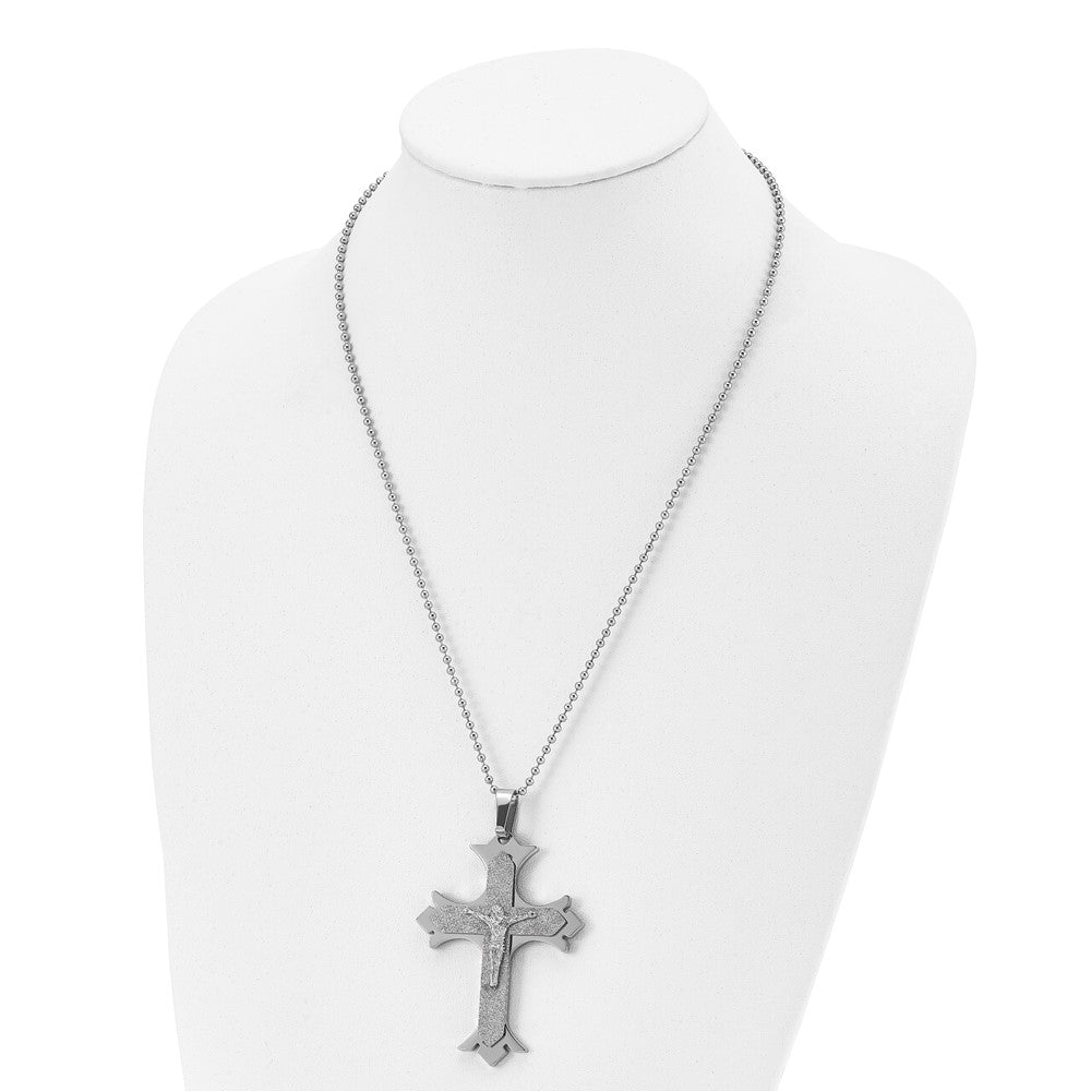 Stainless Steel Chisel Polished Laser Cut Crucifix Pendant On A 22 Inch Ball Chain Necklace