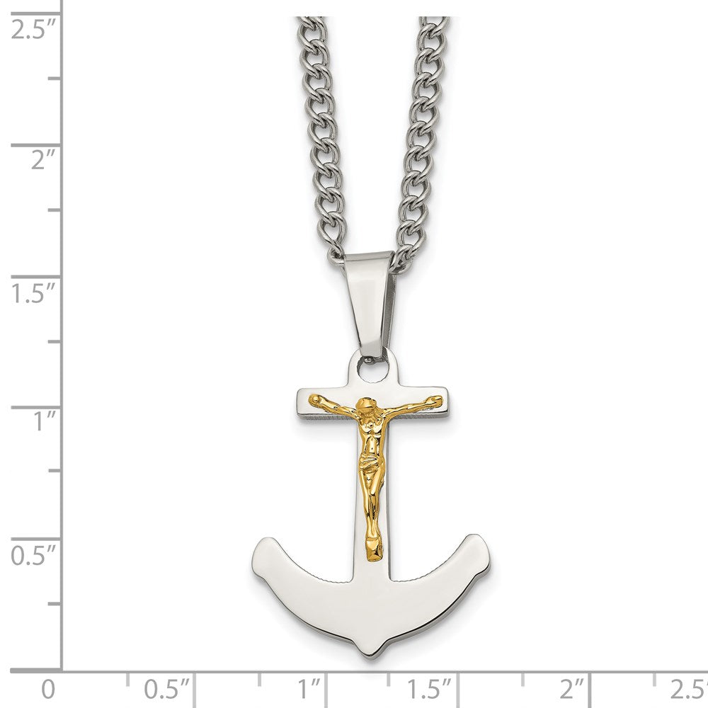 Stainless Steel Chisel Polished With 14K Gold Crucifix Anchor Pendant On A 24 Inch Curb Chain Necklace