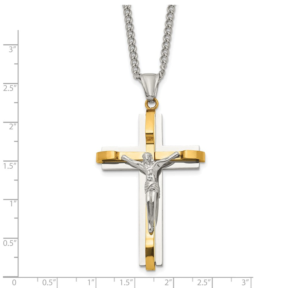Stainless Steel Chisel Polished Yellow Ip-Plated Crucifix Pendant On A 24 Inch Curb Chain Necklace