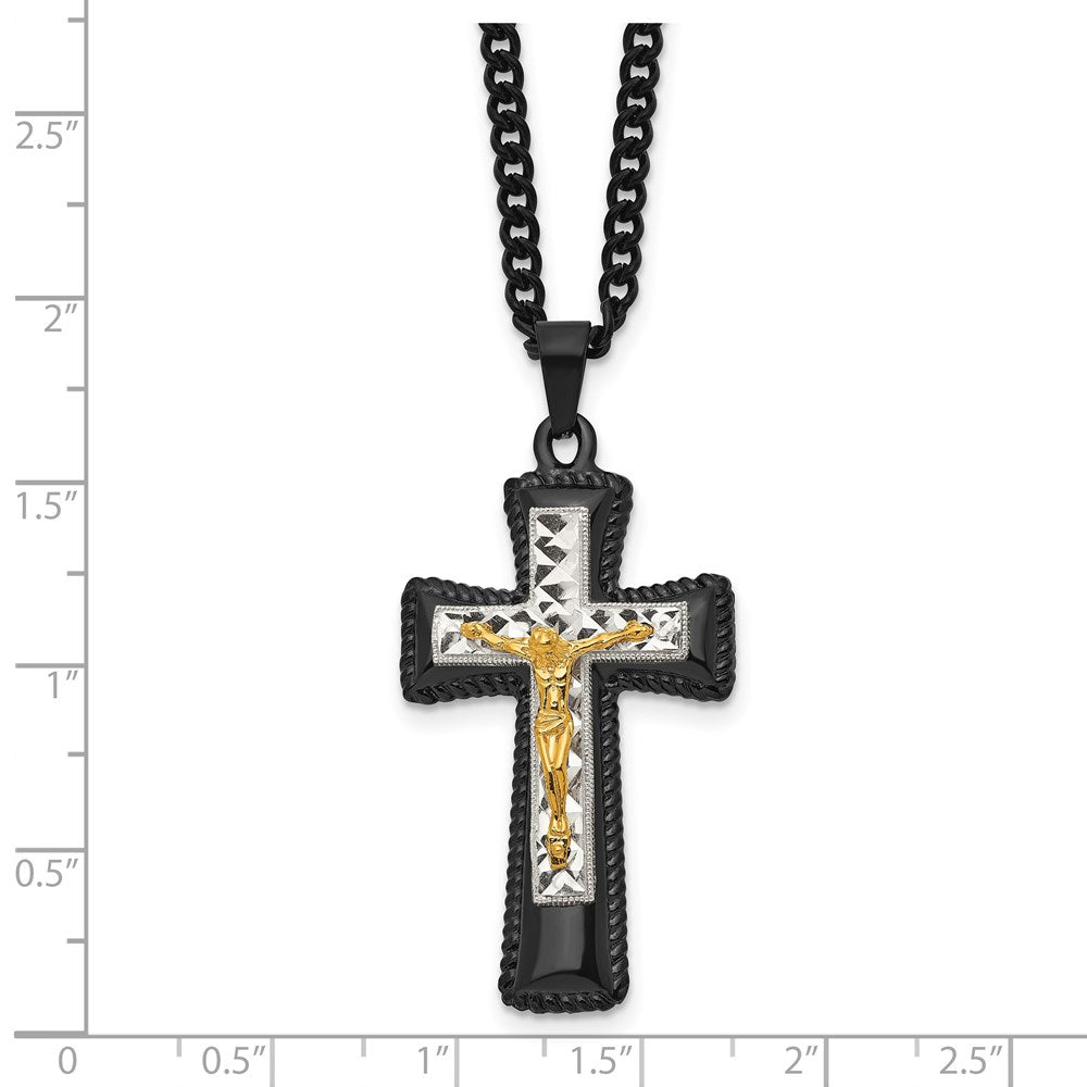 Stainless Steel Chisel Polished Black Ip-Plated, Gold-Plated And Silver-Plated Brass Crucifix On A 24 Inch Curb Chain Necklace
