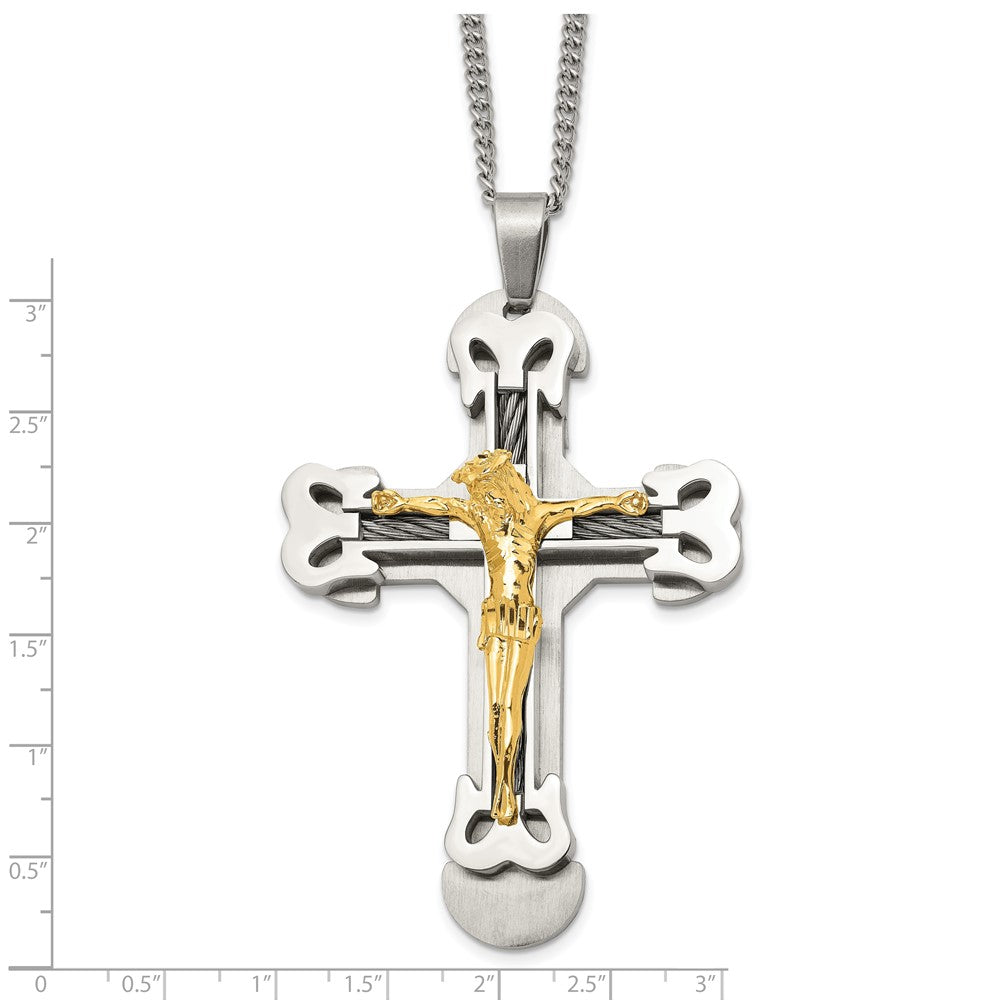 Stainless Steel Chisel Brushed And Polished Yellow Ip-Plated With Cable Crucifix Pendant On A 24 Inch Curb Chain Necklace