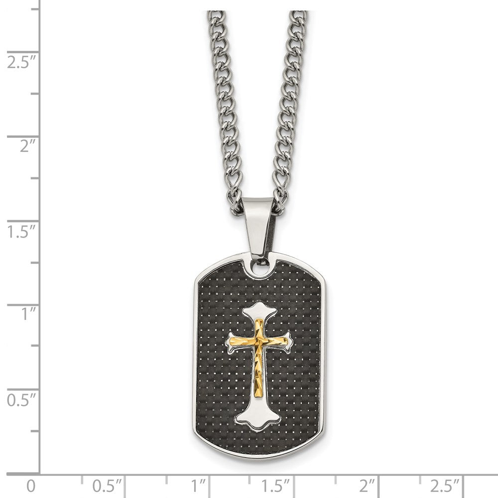 Stainless Steel Chisel Polished With Sterling Silver And Carbon Fiber Inlay Yellow Ip-Plated Cross On A 24 Inch Curb Chain Necklace