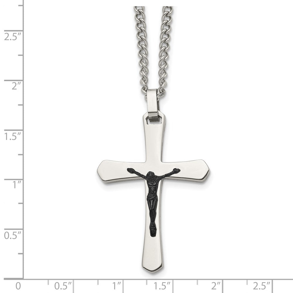 Stainless Steel Chisel Polished Black Ip-Plated Crucifix Pendant On A 24 Inch Curb Chain Necklace