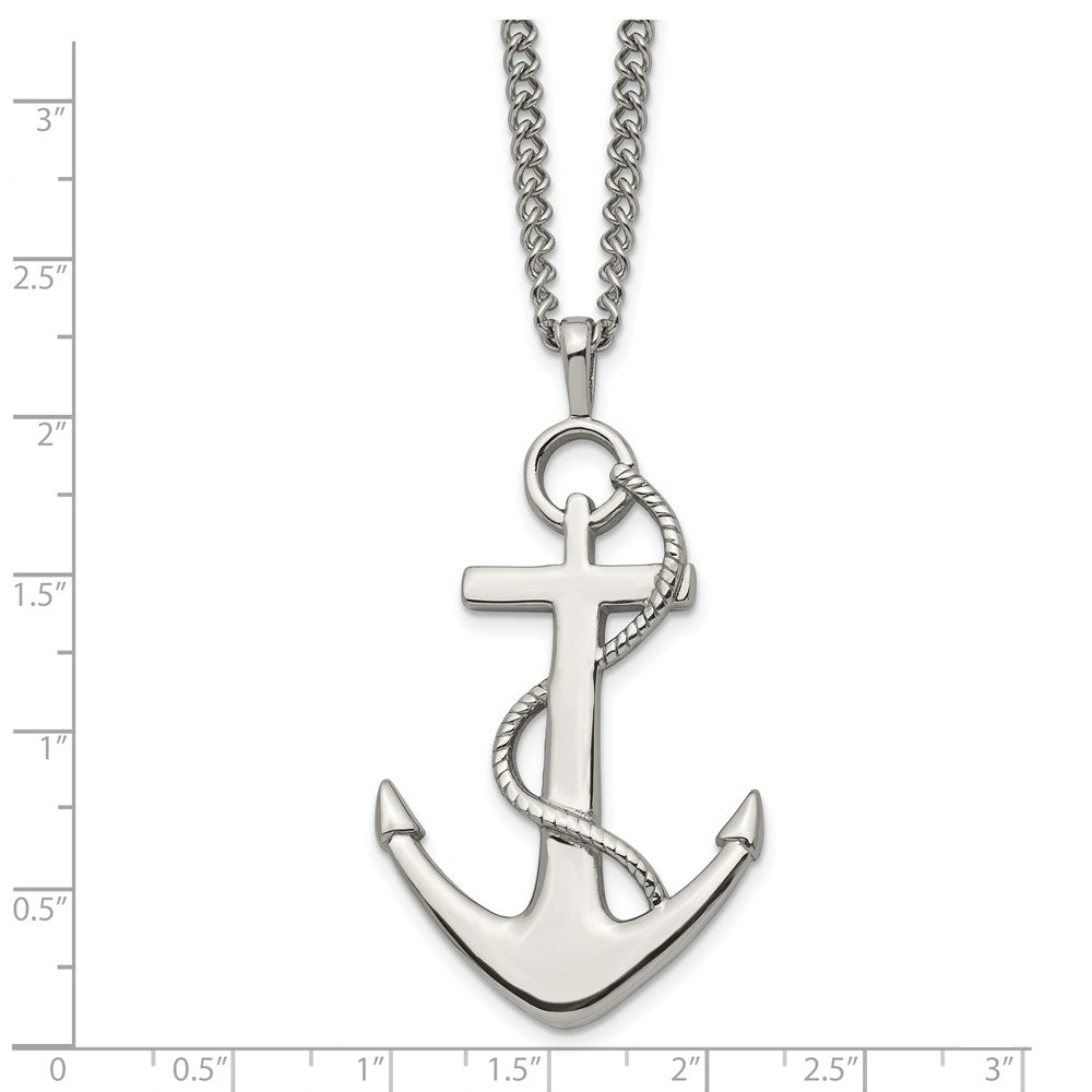 Stainless Steel Chisel Polished Anchor Pendant On A 24 Inch Curb Chain Necklace