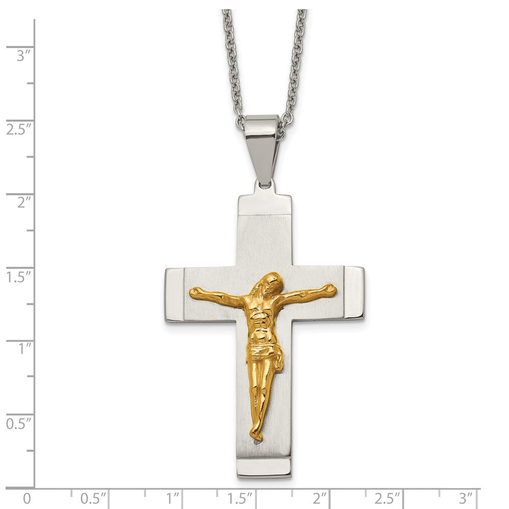 Stainless Steel Chisel Brushed And Polished Yellow Ip-Plated Crucifix Pendant On A 20 Inch Curb Chain Necklace