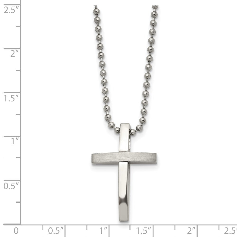 Stainless Steel Chisel Brushed And Polished Cross Pendant On An 18 Inch Ball Chain Necklace