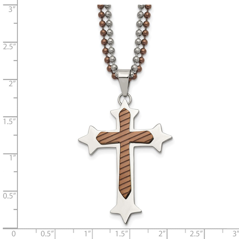 Stainless Steel Chisel Polished Brown Ip-Plated Cross Pendant On 24 Inch Double Ball Chain Necklace
