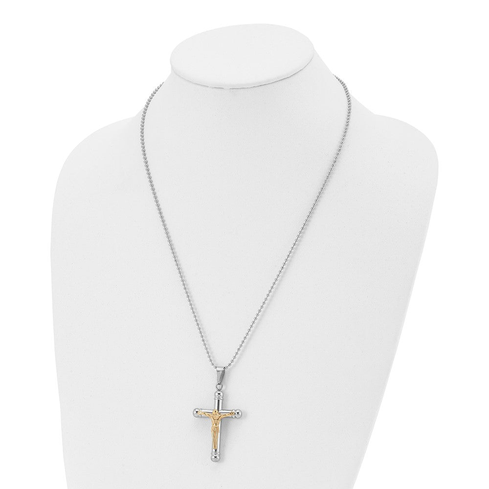 Stainless Steel Chisel Polished Yellow Ip-Plated Crucifix Pendant On A 22 Inch Ball Chain Necklace