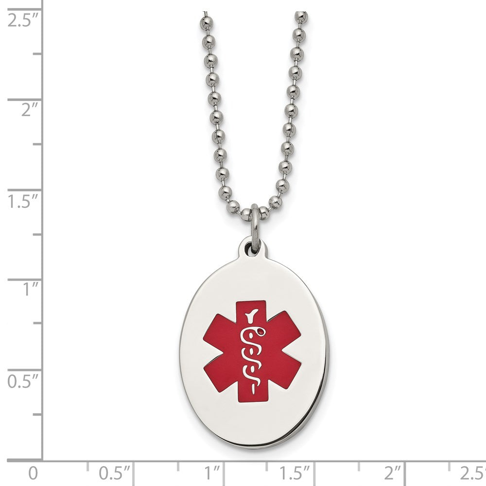 22 Inch Chisel Stainless Steel Polished With Red Enamel Oval Medical Id Pendant On A 24 Ball Chain Necklace