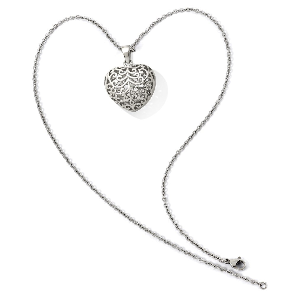Stainless Steel Chisel Polished Filigree Puffed Heart Pendant On A 22 Inch Cable Chain Necklace