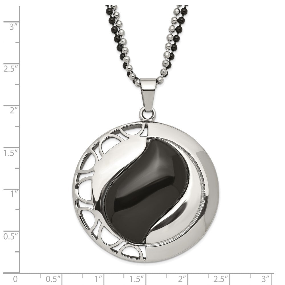 Stainless Steel Polished & Black Onyx Pendant 24In Necklace