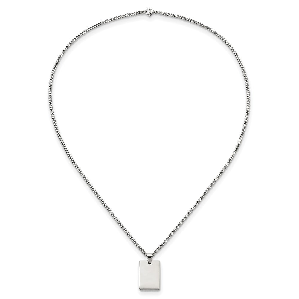 Stainless Steel Chisel Polished Rectangle Dog Tag On A 24 Inch Curb Chain Necklace