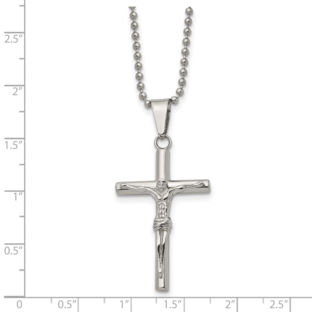 Stainless Steel Chisel Polished Crucifix Pendant On A 22 Inch Ball Chain Necklace