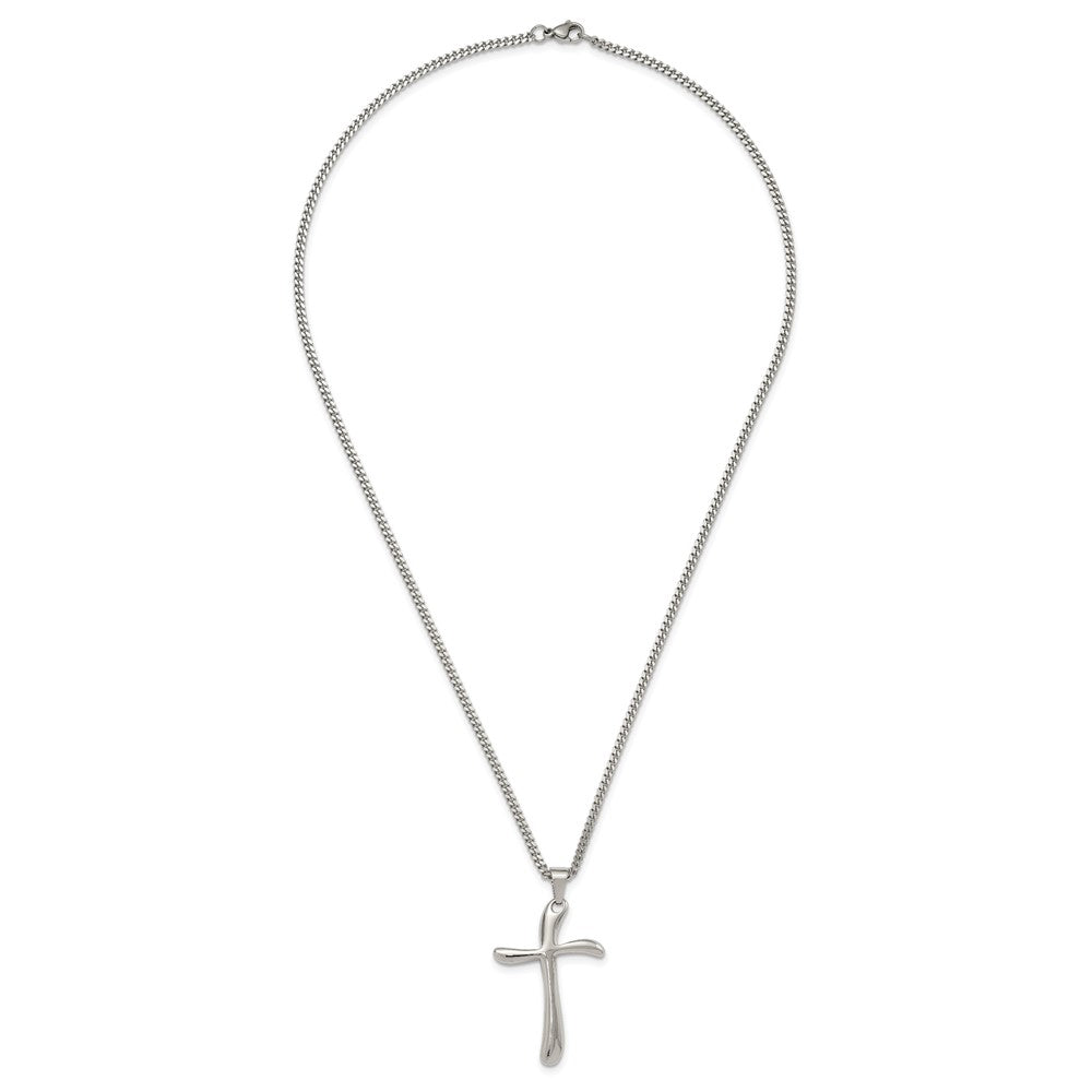 Stainless Steel Chisel Polished Wavy Cross Pendant On A 22 Inch Curb Chain Necklace