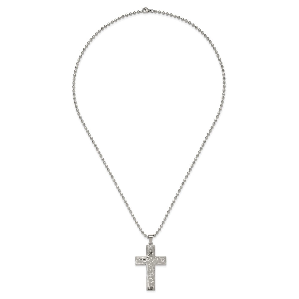 Stainless Steel Chisel Polished And Textured Cross Pendant On A 24 Inch Ball Chain Necklace