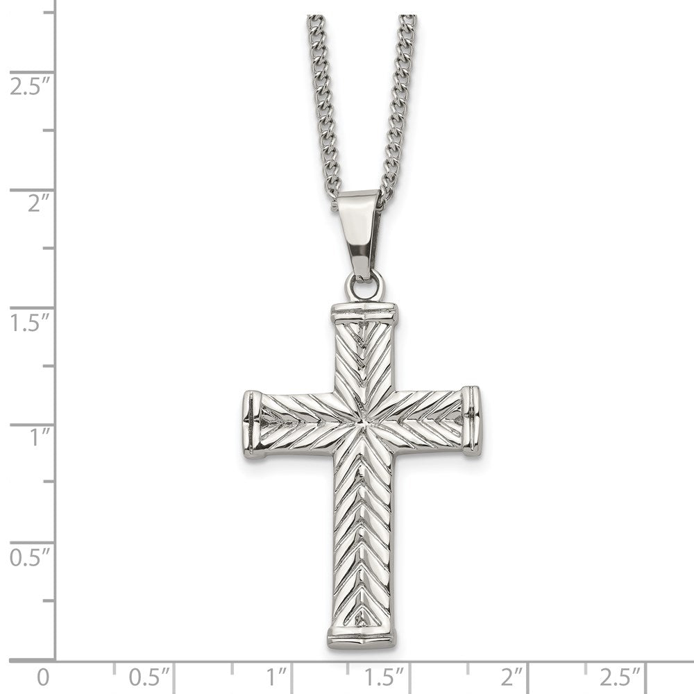 Stainless Steel Chisel Polished And Textured Cross Pendant On A 22 Inch Curb Chain Necklace