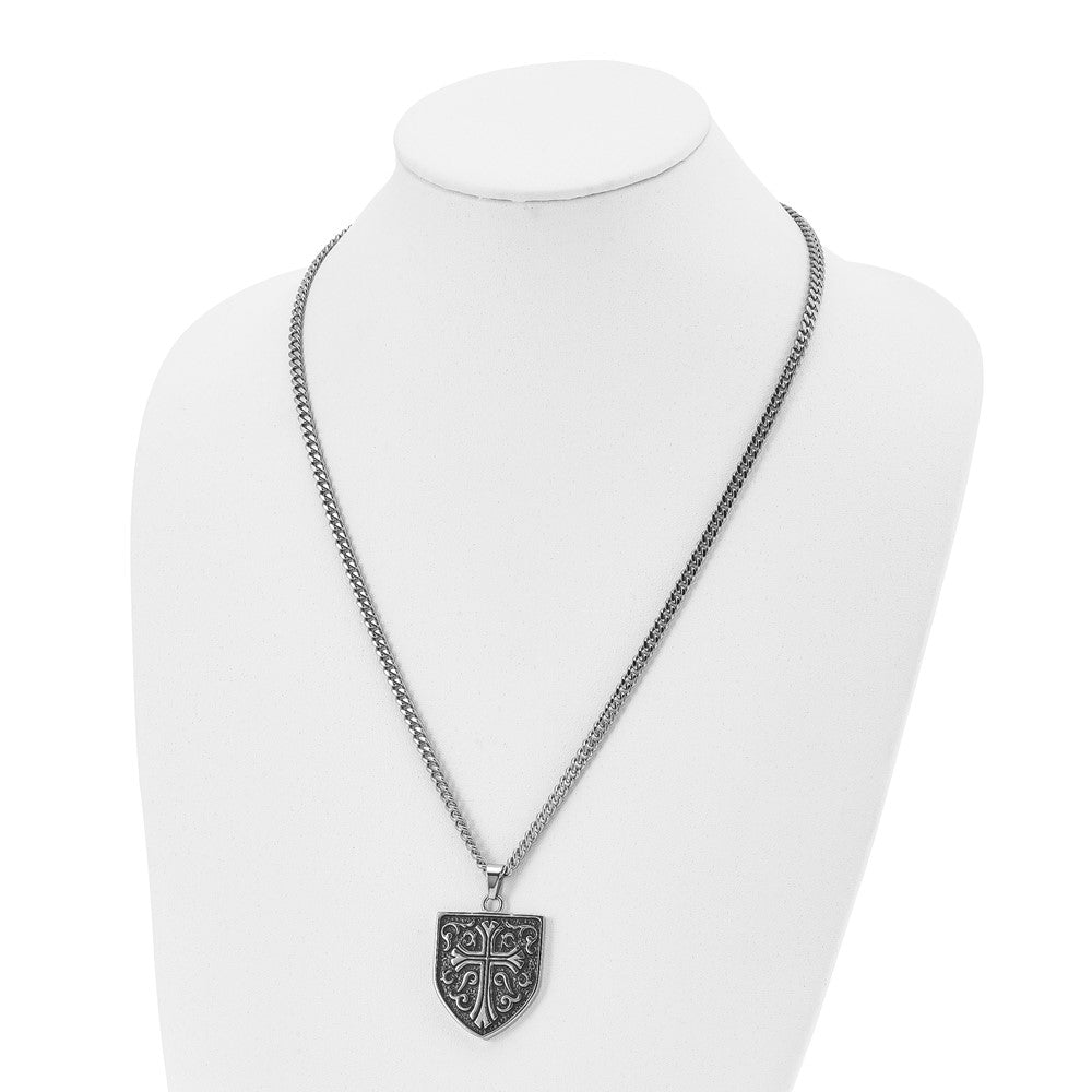 Stainless Steel Chisel Antiqued Polished And Textured Cross Shield Pendant On A 24 Inch Curb Chain Necklace