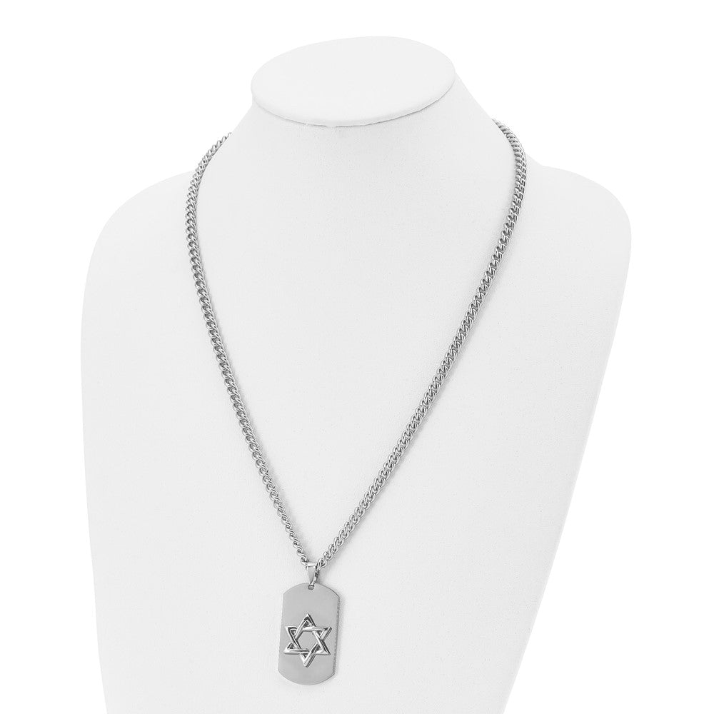 Stainless Steel Chisel Polished Star Of David Dog Tag On A 24 Inch Curb Chain Necklace