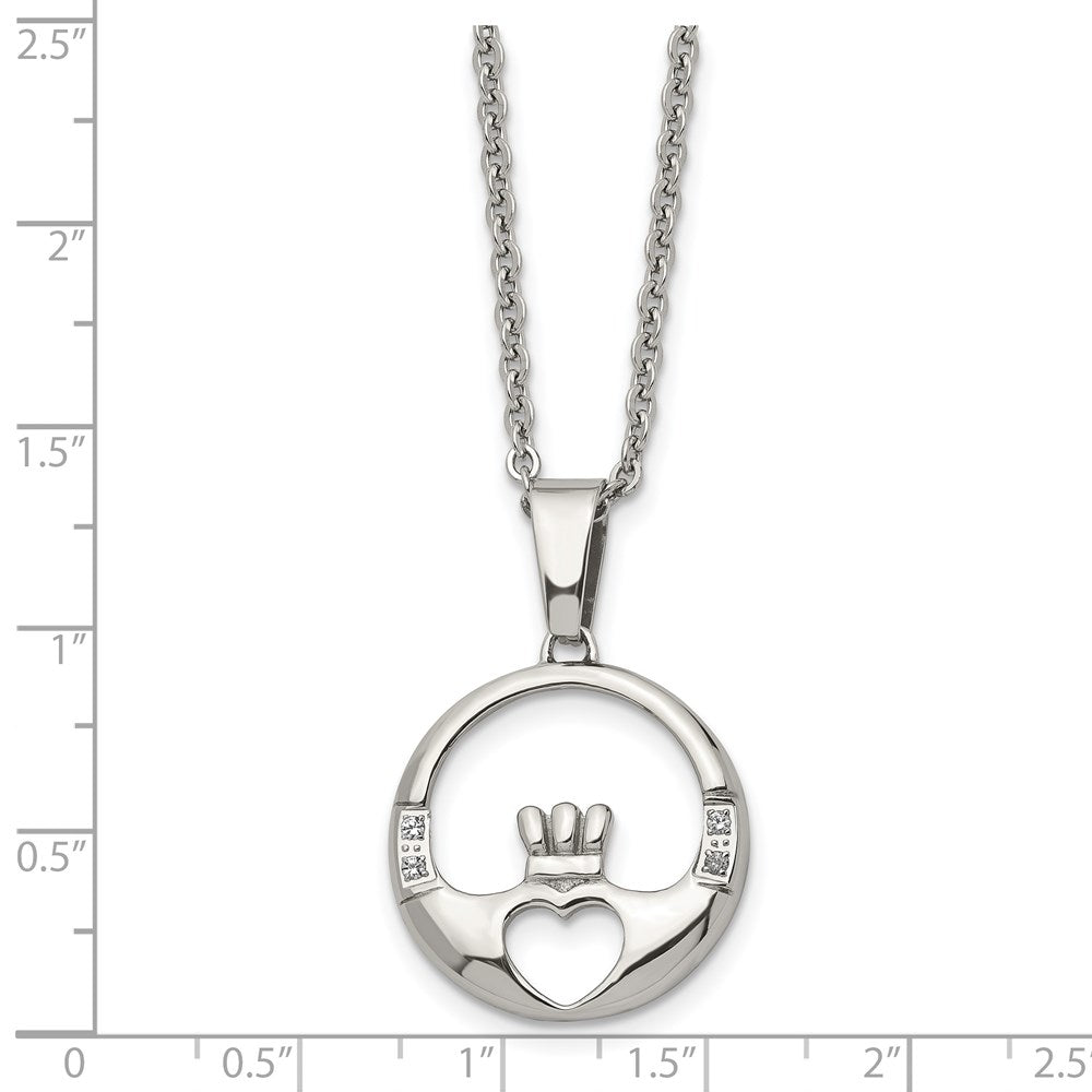 Stainless Steel Chisel Polished With Cz Claddagh Pendant On A 20 Inch Cable Chain Necklace