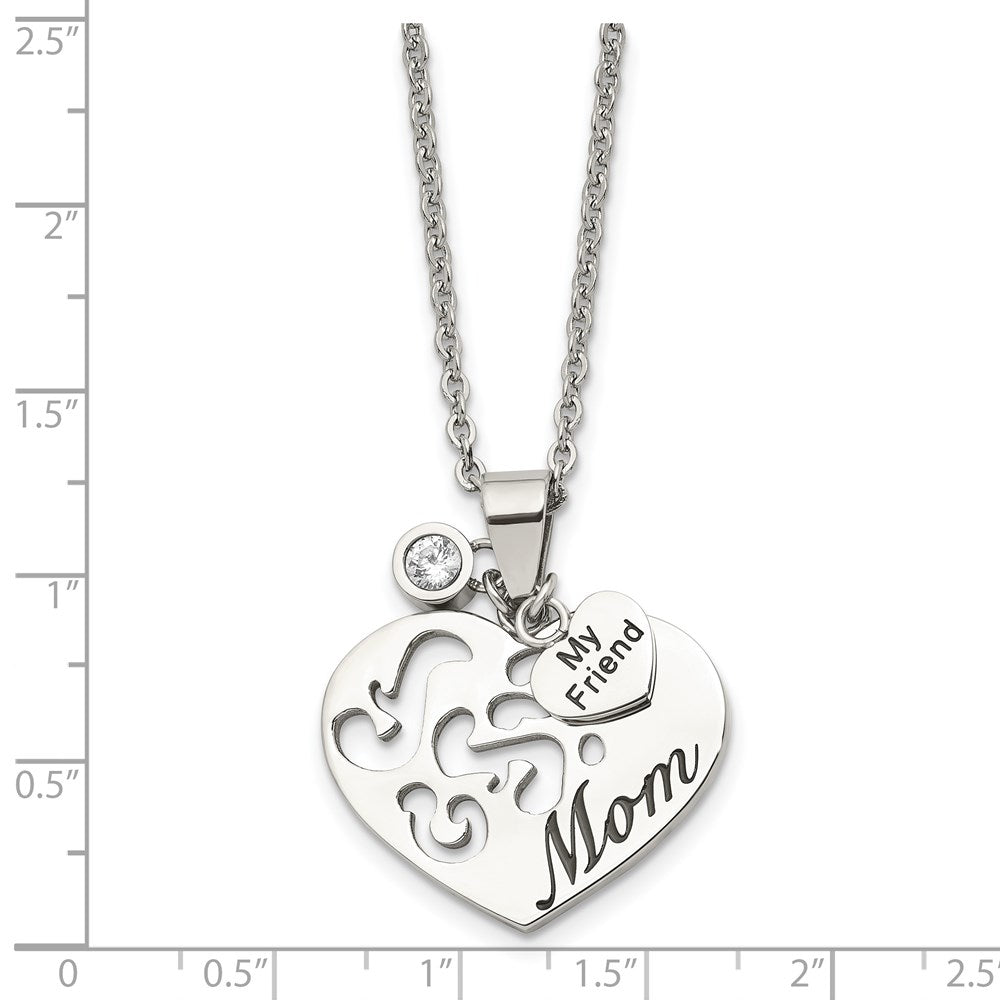Stainless Steel Chsiel Antiqued Polished And Enameled Mom My Friend With Cz Heart Pendant On A 24 Inch Cable Chain Necklace