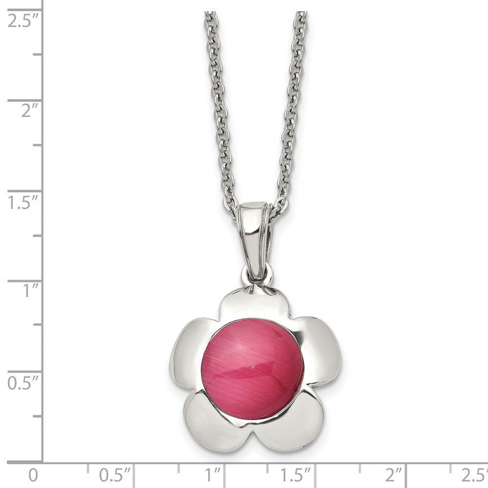 Stainless Steel Chisel Polished Flower With Pink Cat'S Eye Pendant On An 18 Inch Cable Chain Necklace
