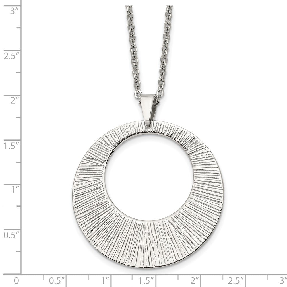 Stainless Steel Chisel Polished And Textured Circle Pendant On A 24 Inch Cable Chain Necklace