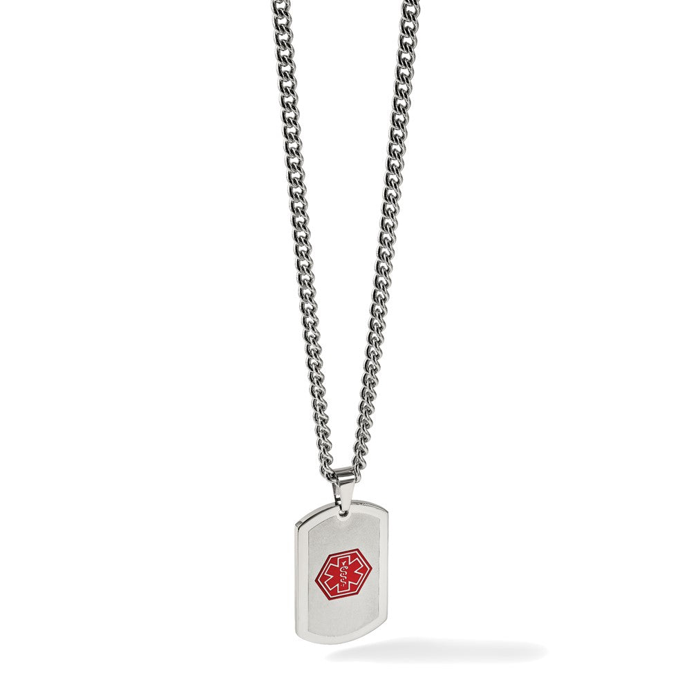 Stainless Steel Chisel Brushed And Polished With Red Enamel Medical Id Dog Tag On A 30 Inch Curb Chain Necklace