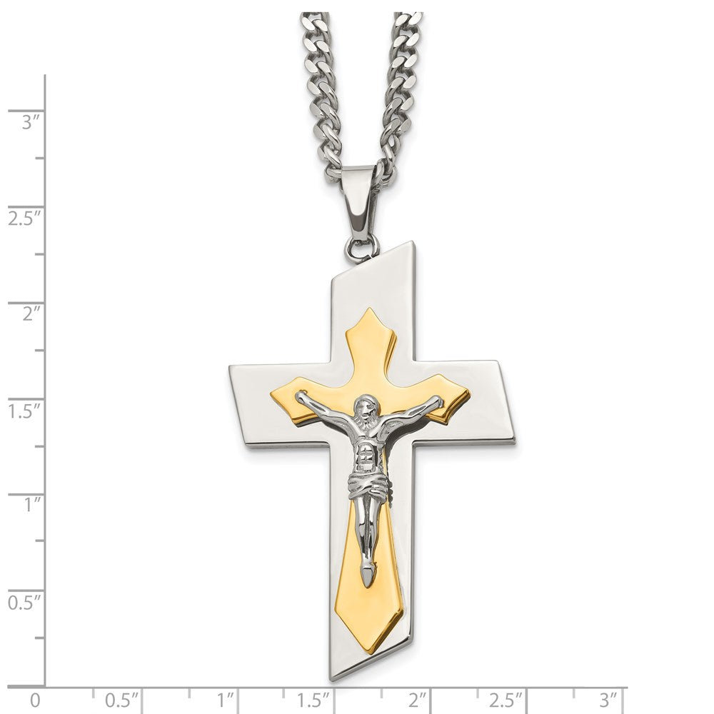 Stainless Steel Chisel Brushed And Polished Yellow Ip-Plated Crucifix On A 24 Inch Curb Chain Necklace