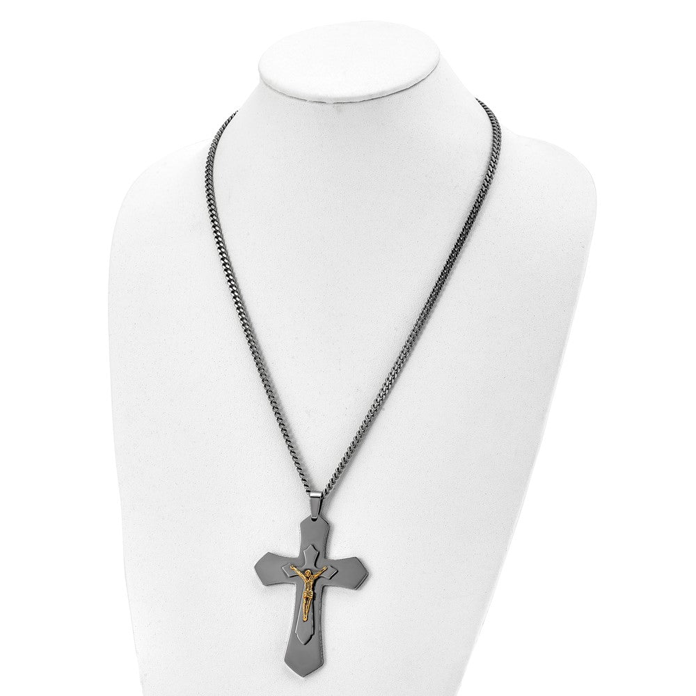 Stainless Steel Chisel Polished Yellow Ip-Plated Large Crucifix Pendant On A 24 Inch Curb Chain Necklace