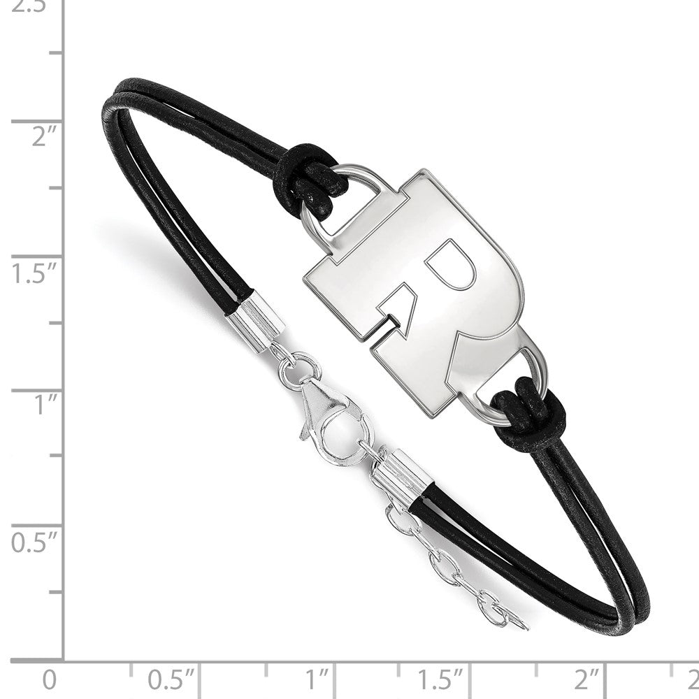Sterling Silver Rhodium Plated Logoart Rutgers University Letter R Small Center Black Leather 7 Inch Bracelet With Extender