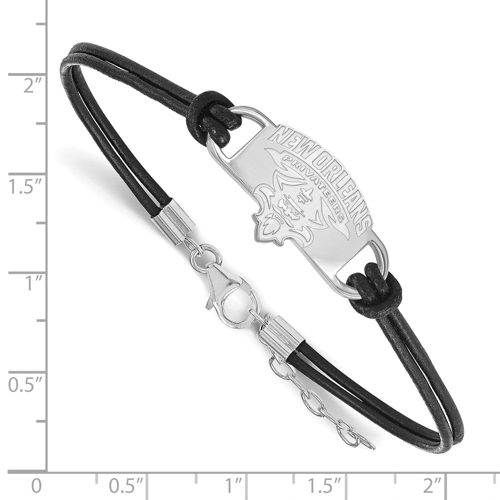 Sterling Silver Rhodium Plated Logoart University Of New Orleans U N O Small Center Black Leather 7 Inch Bracelet With Extender