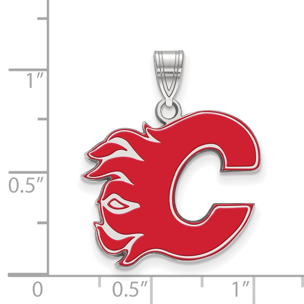 Sterling Silver Rhodium Plated Nhl Logoart Calgary Flames Letter C Large Enameled Pendant