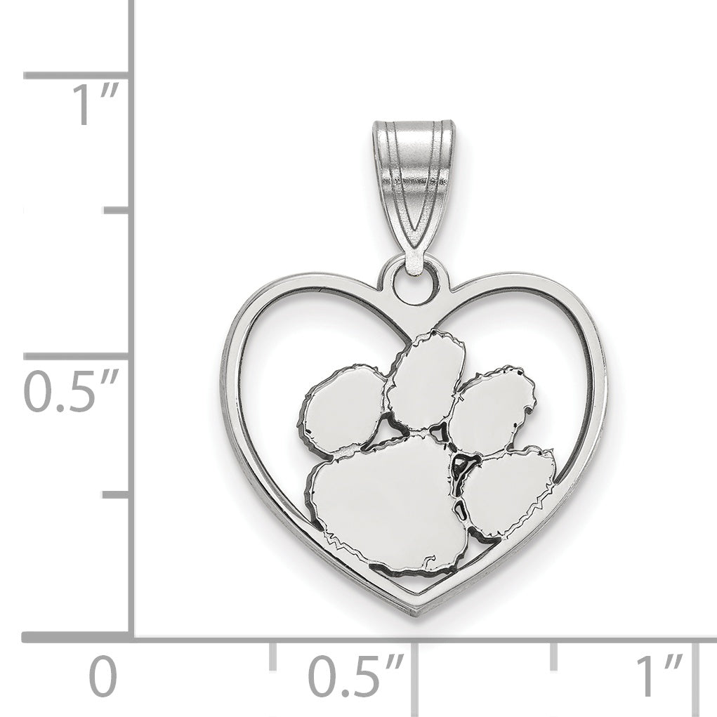 Sterling Silver Rhodium Plated Logoart Clemson University Tiger Paw Heart Pendant