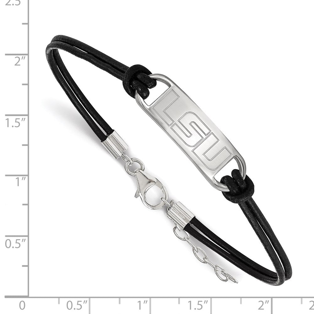 Sterling Silver Rhodium Plated Logoart Louisiana State University L S U Small Center Black Leather 7 Inch Bracelet With Extender