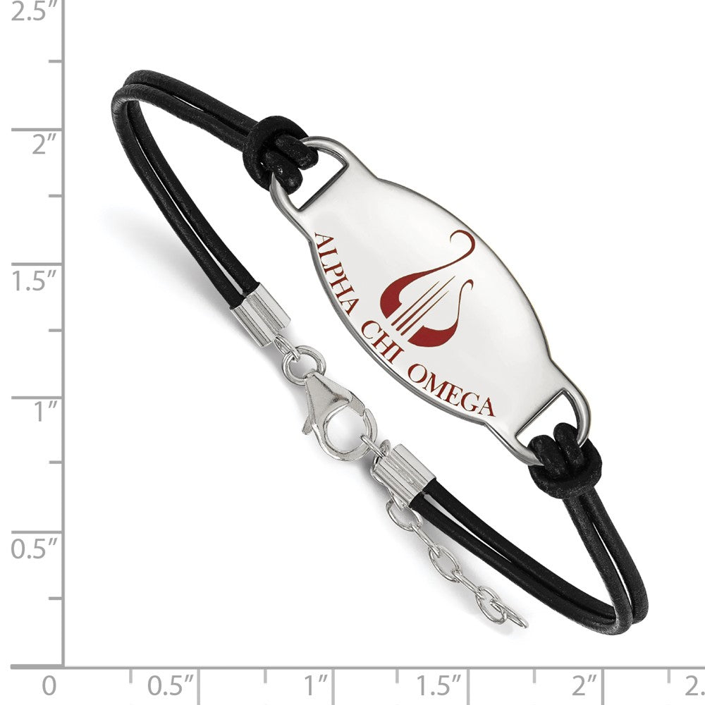 Sterling Silver Rhodium Plated Logoart Alpha Chi Omega Sorority Symbol Color Enamel Black Leather 7 Inch Bracelet With Extender