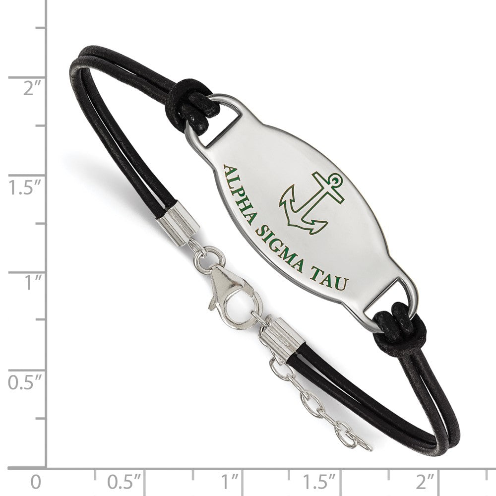 Sterling Silver Rhodium Plated Logoart Alpha Sigma Tau Sorority Symbol Color Enamel Black Leather 7 Inch Bracelet With Extender