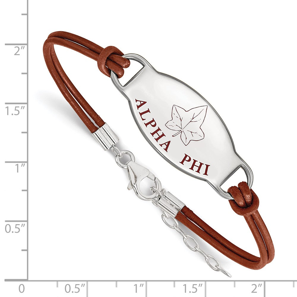 Sterling Silver Rhodium Plated Logoart Alpha Phi Sorority Symbol Color Enamel Leather 7 Inch Bracelet With Extender