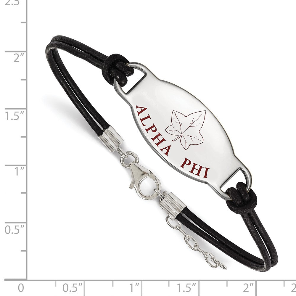 Sterling Silver Rhodium Plated Logoart Alpha Phi Sorority Symbol Color Enamel Black Leather 7 Inch Bracelet With Extender