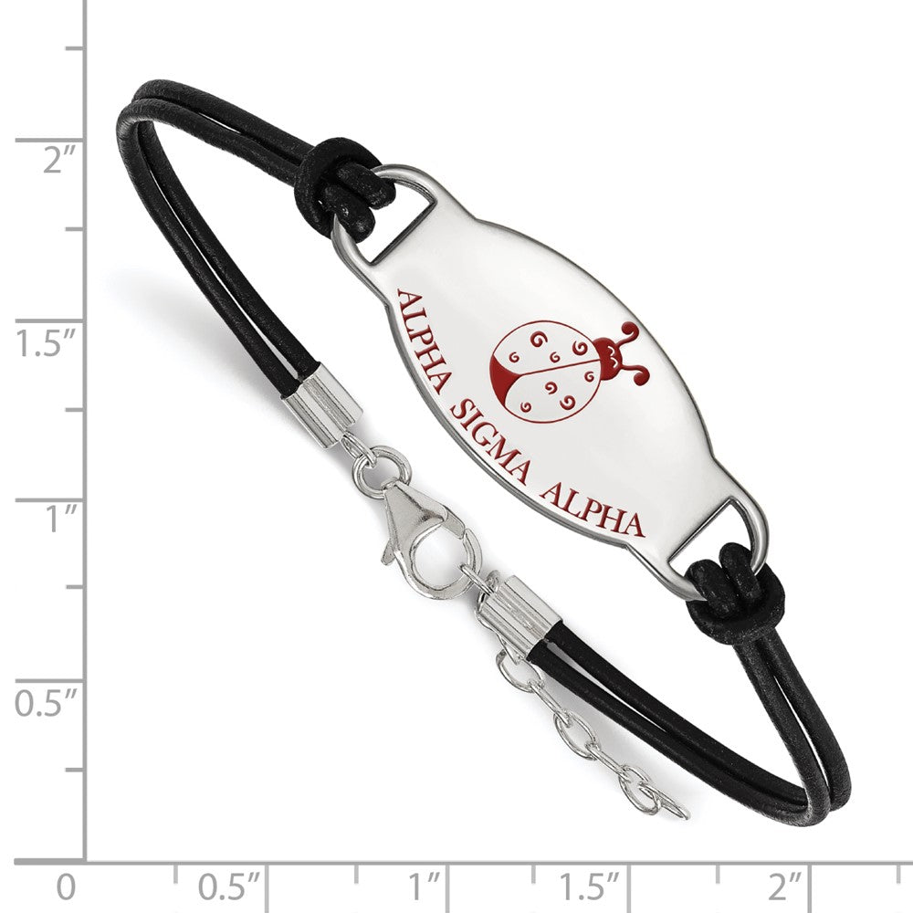 Sterling Silver Rhodium Plated Logoart Alpha Sigma Sorority Symbol Color Enamel Black Leather 7 Inch Bracelet With Extender