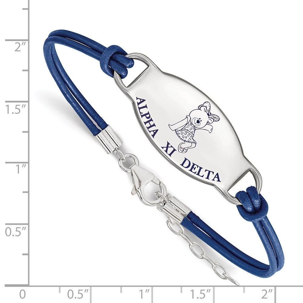 Sterling Silver Rhodium Plated Logoart Alpha Xi Delta Sorority Symbol Color Enamel Leather 7 Inch Bracelet With Extender