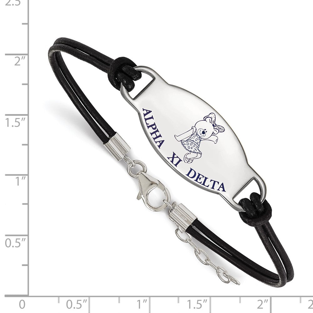 Sterling Silver Rhodium Plated Logoart Alpha Xi Delta Sorority Symbol Color Enamel Black Leather 7 Inch Bracelet With Extender